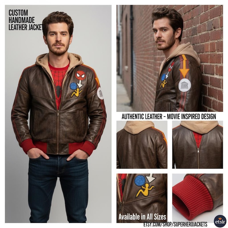 May include: A brown leather jacket with a beige hood, red ribbed cuffs, and a red hem. The jacket features various embroidered patches on the chest and sleeves, including a spider emblem, a blue sphere, and a yellow figure. Text reads CUSTOM HANDMADE LEATHER JACKET and AUTHENTIC LEATHER - MOVIE INSPIRED DESIGN.