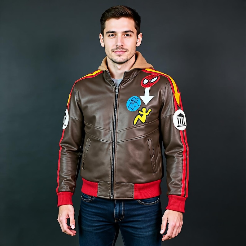 May include: A brown leather bomber jacket featuring a tan hood, red and yellow sleeve stripes, and red ribbed cuffs. The chest displays a Spider-Man mask patch, a white arrow, a blue star-like emblem, and a yellow figure patch. White circular patches with black columns are on each sleeve.