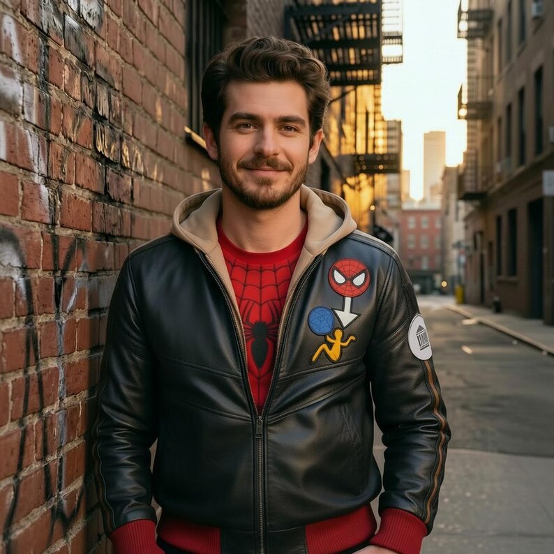 May include: A black leather jacket with a beige hood, red ribbed cuffs, and a red shirt featuring a spider web pattern. The jacket displays a circular Spider-Man patch, a yellow figure icon, and a white circular emblem on the left sleeve.