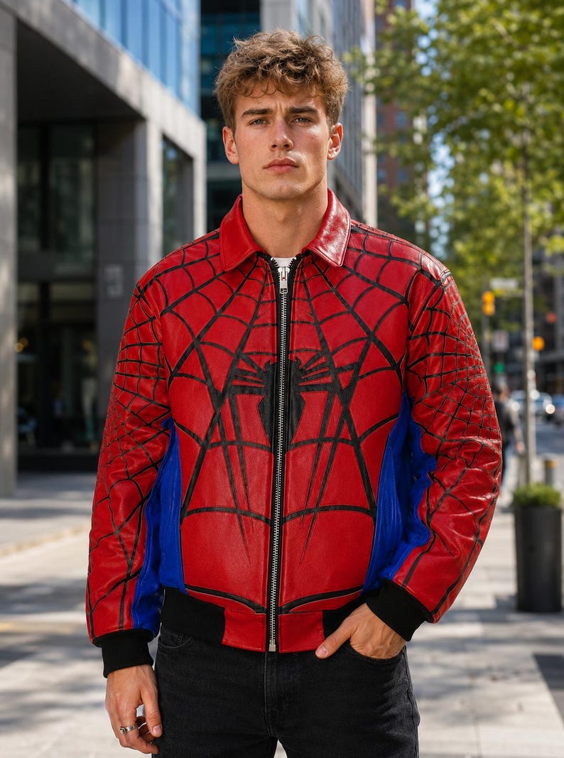 Spider-inspired red and blue faux leather bomber jacket with black web pattern, zip-front closure, and ribbed cuffs, modeled outdoors in a city setting, superhero cosplay costume for men and women.