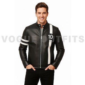 May include: Black leather jacket with a white stripe down the left sleeve and the right side. The jacket has a white stripe down the right side with the number 10. The jacket has a zipper closure and a round collar. The text "VOGUE OUTFITS" is visible.