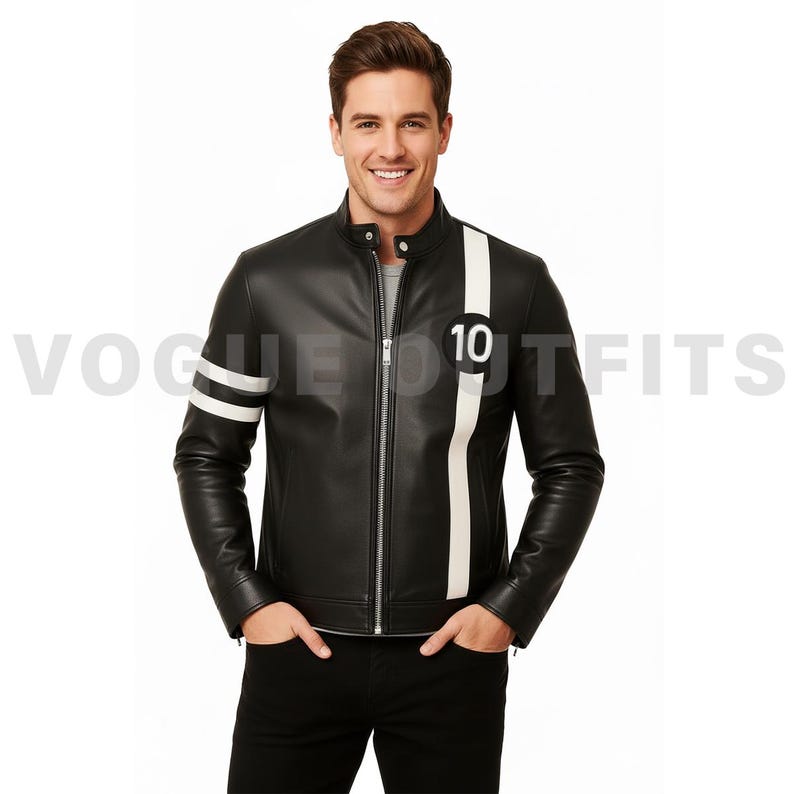 May include: Black leather jacket with a white stripe down the left sleeve and the right side. The jacket has a white stripe down the right side with the number 10. The jacket has a zipper closure and a round collar. The text "VOGUE OUTFITS" is visible.