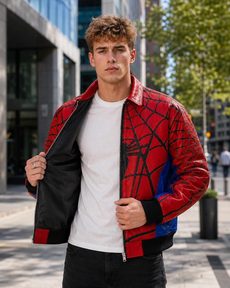 May include: A red leather jacket featuring a black spiderweb pattern, a classic collar, a front zipper closure, and black ribbed cuffs. The jacket has blue side panels and a solid black interior lining, worn over a plain white t-shirt and dark jeans.