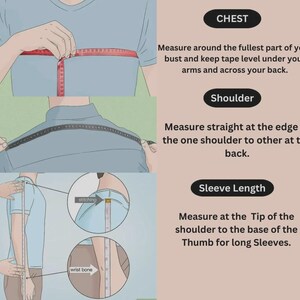 May include: An instructional diagram illustrating how to measure for clothing. It shows three steps: measuring the chest with a red tape, measuring the shoulder width, and measuring sleeve length from the shoulder to the thumb, with text labels.