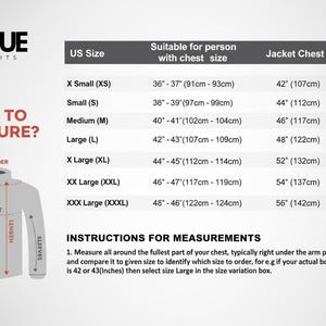 May include: A size chart from Vogue Outfits, detailing jacket chest measurements and corresponding US sizes from XS to XXXL. Includes instructions on how to measure for the correct fit, with chest sizes ranging from 36" to 48".
