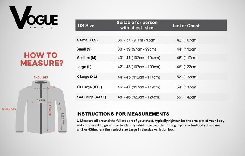 May include: A size chart from Vogue Outfits, detailing jacket chest measurements and corresponding US sizes from XS to XXXL. Includes instructions on how to measure for the correct fit, with chest sizes ranging from 36" to 48".