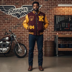 May include: A maroon and yellow varsity jacket with a bear patch and the letter "K" on the front. The jacket has yellow sleeves and a striped collar and cuffs. The person is wearing dark blue jeans and brown boots. A motorcycle is in the background.