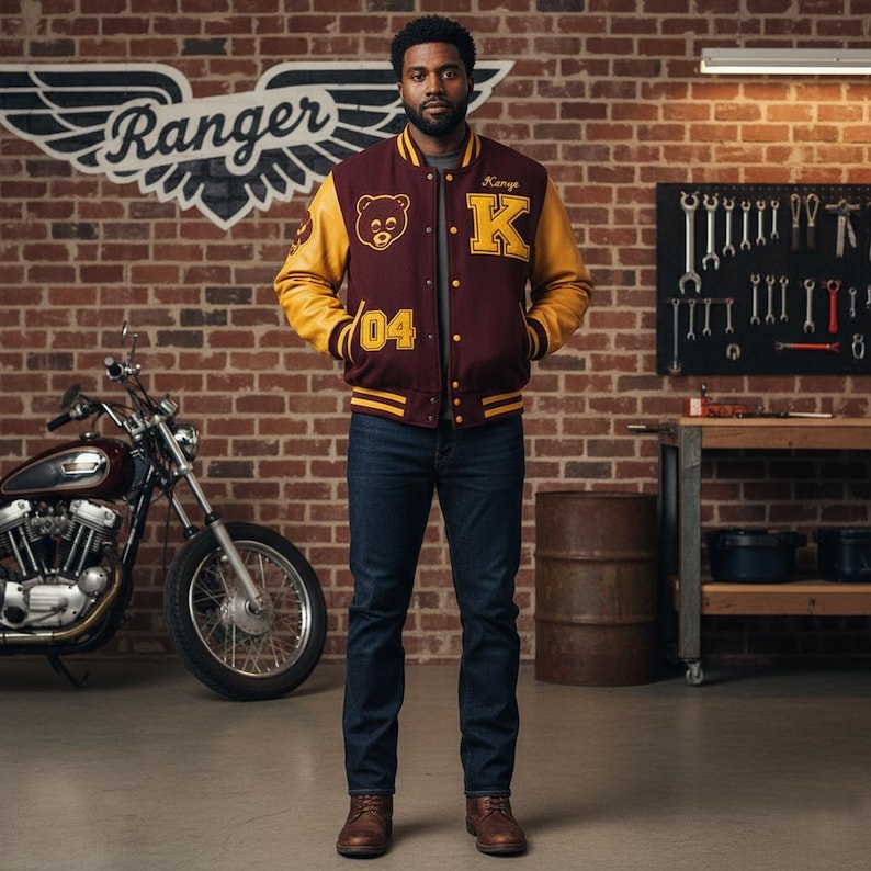May include: A maroon and yellow varsity jacket with a bear patch and the letter "K" on the front. The jacket has yellow sleeves and a striped collar and cuffs. The person is wearing dark blue jeans and brown boots. A motorcycle is in the background.