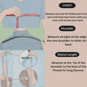 May include: Diagram illustrating how to measure for clothing. The image shows how to measure the chest, shoulder, and sleeve length. Text instructions are included for each measurement, with a person demonstrating the process.