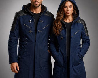 Devil May Cry 5 Nero Blue Trench Coat, Anime Cosplay Jacket, Quilted Leather Shoulders