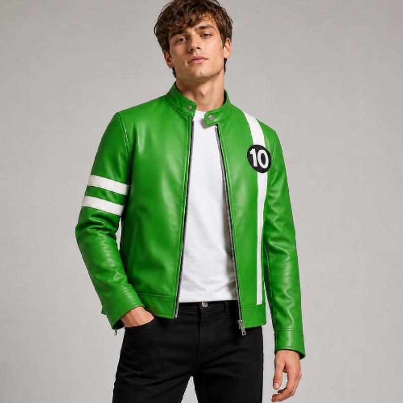 Young male model wearing a bright green leather jacket with white stripe details, number 10 chest patch, stand collar, open front zipper, white inner shirt, and black pants. Stylish fashion pose on a light grey studio background, showcasing a sporty racing inspired leather jacket for men.