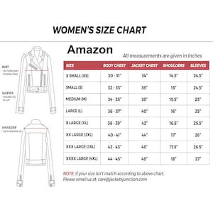 May include: A size chart for a jacket labeled Amazon, featuring line drawings of the front and back of a jacket. The table lists sizes from XS to 4XL with measurements in inches for body chest, jacket chest, shoulders, and sleeves.