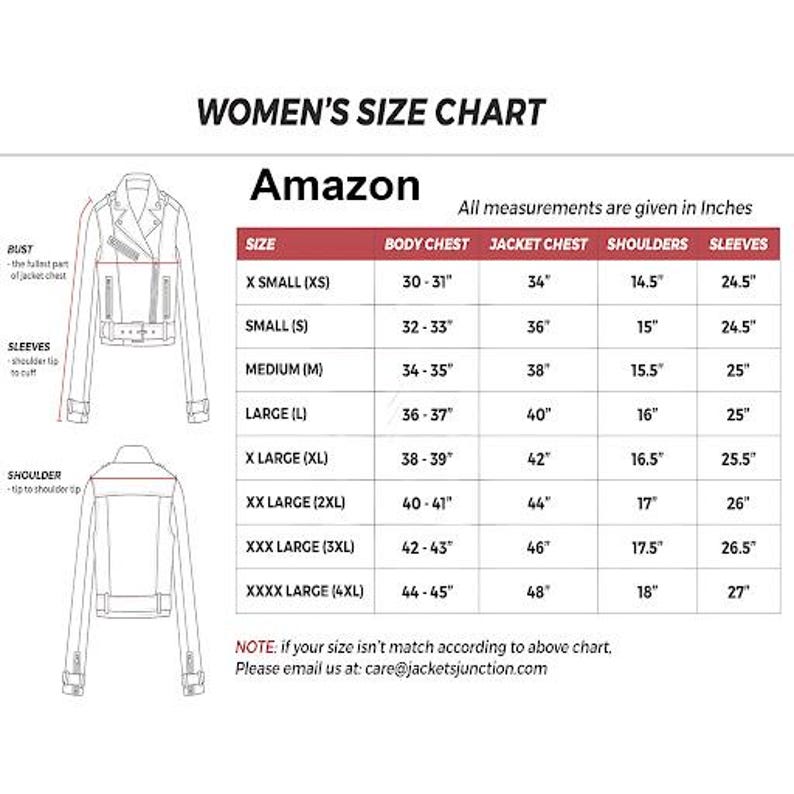 May include: A size chart for a jacket labeled Amazon, featuring line drawings of the front and back of a jacket. The table lists sizes from XS to 4XL with measurements in inches for body chest, jacket chest, shoulders, and sleeves.