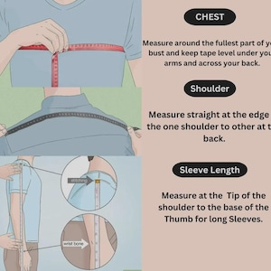 May include: An instructional diagram illustrating how to measure for clothing. It shows three steps: measuring the chest with a red tape, measuring the shoulder width, and measuring sleeve length from the shoulder to the thumb, with text labels.