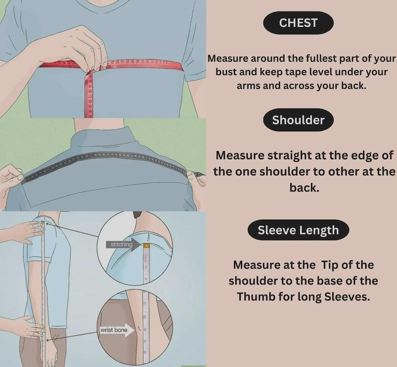 May include: An instructional diagram illustrating how to measure for clothing. It shows three steps: measuring the chest with a red tape, measuring the shoulder width, and measuring sleeve length from the shoulder to the thumb, with text labels.