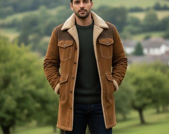Langer Western-Wildledermantel für Herren - Vintage Cowboyjacke mit Lammkragen | Handgefertigte Winter Oberbekleidung