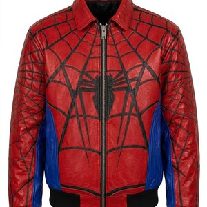 May include: A red leather jacket featuring a black spiderweb pattern across the front and sleeves, a central black spider emblem, blue side panels, a silver front zipper, a classic collar, and black ribbed cuffs and a black ribbed hem.