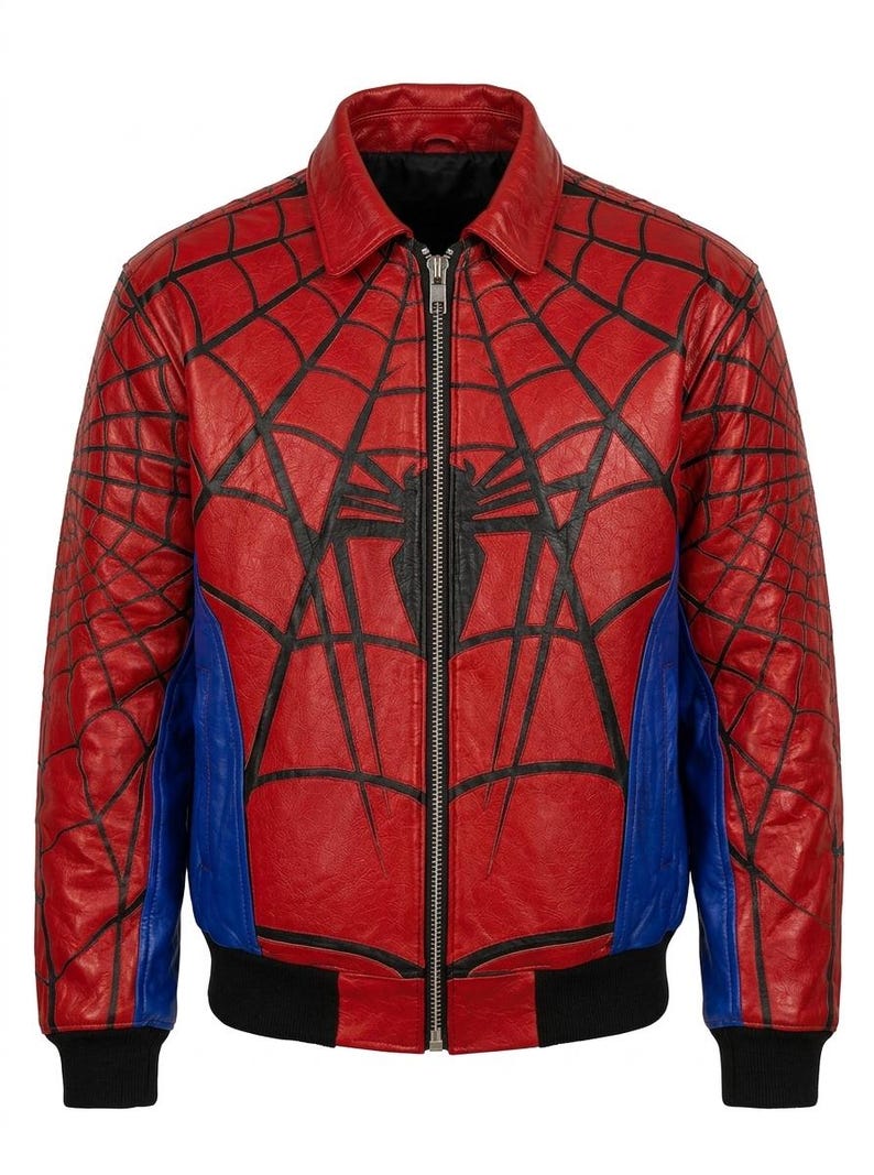 May include: A red leather jacket featuring a black spiderweb pattern across the front and sleeves, a central black spider emblem, blue side panels, a silver front zipper, a classic collar, and black ribbed cuffs and a black ribbed hem.