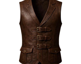 Vintage Brown Leather Steampunk Vest - Buckle Waistcoat, Gothic Pirate Costume