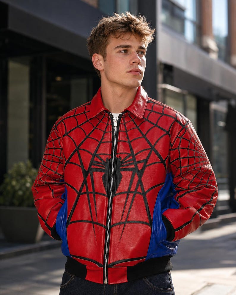 May include: A red and blue leather bomber jacket featuring a black spiderweb pattern across the chest and sleeves, a central black spider emblem, a silver front zipper, a classic collar, and black ribbed cuffs and hem at the waist.