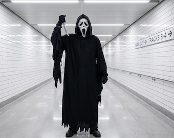 Black Ghostface Robe Halloween Costume, Scream Inspired Horror Robe, Grim Reaper Cape, Long Black Cloak for Cosplay Party