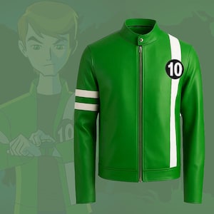 May include: Green jacket with white stripes and the number 10 on the chest. The jacket has a stand-up collar and a full-length zipper. A cartoon character is in the background.