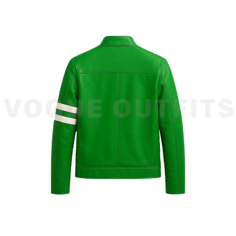 May include: A bright green leather jacket with a stand-up collar. The back of the jacket is visible, featuring a vertical seam and white stripes on the left sleeve. The text "VOGUE OUTFITS" is partially visible.