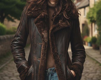 Abrigo de piel de oveja marrón hecho a mano – Chaqueta de invierno para mujer con forro de piel auténtica