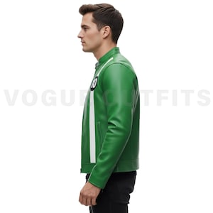 May include: A green leather jacket with a white stripe down the side and a black and white patch with the number 10. The jacket has a stand-up collar and a zipper closure. The jacket is worn by a person.