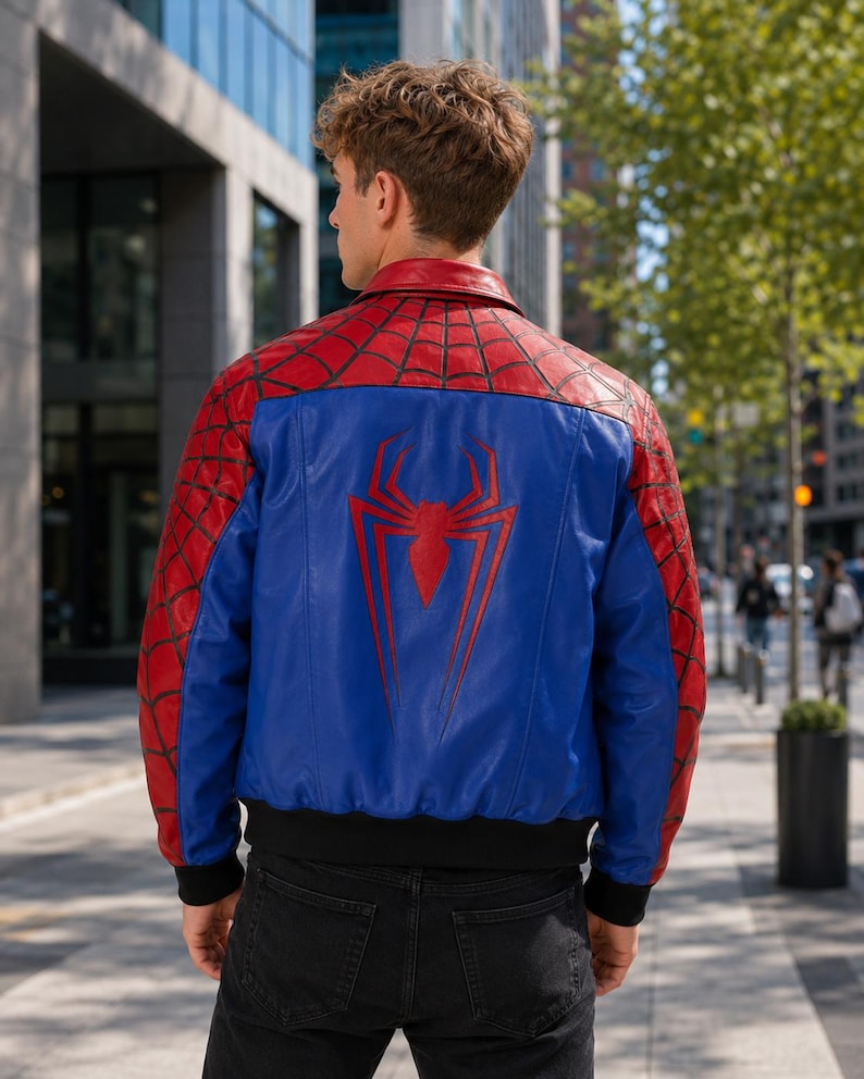 May include: A red and blue leather jacket featuring a black spiderweb pattern on the shoulders and sleeves, with a large red spider emblem centered on the back. The jacket has a classic collar, black ribbed cuffs, and a black ribbed hemline.