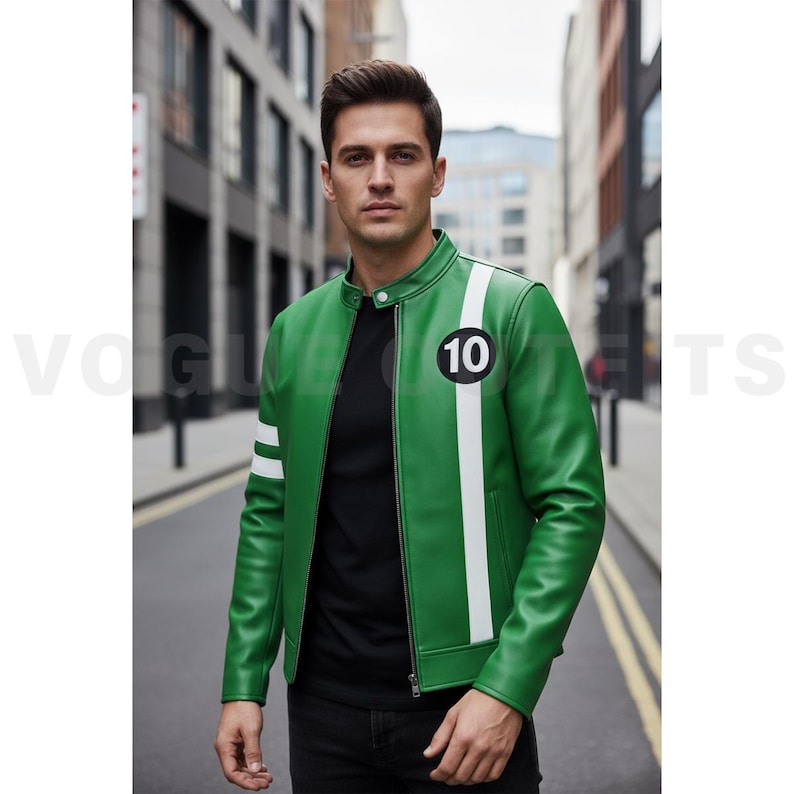 May include: Green leather jacket with a white stripe down the front and on the left sleeve. The jacket has a round patch with the number 10 on the upper left chest. The jacket is worn over a black shirt.