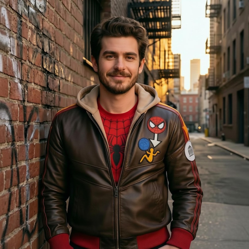 Men's Spider-Man inspired leather bomber jacket with hoodie, superhero patches, and red knit trim. Male model posing in a downtown alleyway wearing a brown leather jacket with comic book graphics. Stylish Marvel-inspired streetwear outerwear perfect for casual fashion, cosplay, collectors, and superhero fans.