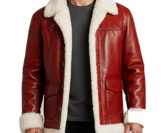Handmade Red Leather Santa Jacket | Faux Fur Trim Christmas Coat