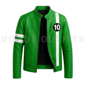 May include: Green jacket with a white stripe down the right side and two white stripes on the left sleeve. The jacket has a black interior and a round patch with the number 10. The jacket has a stand-up collar and a zipper closure.