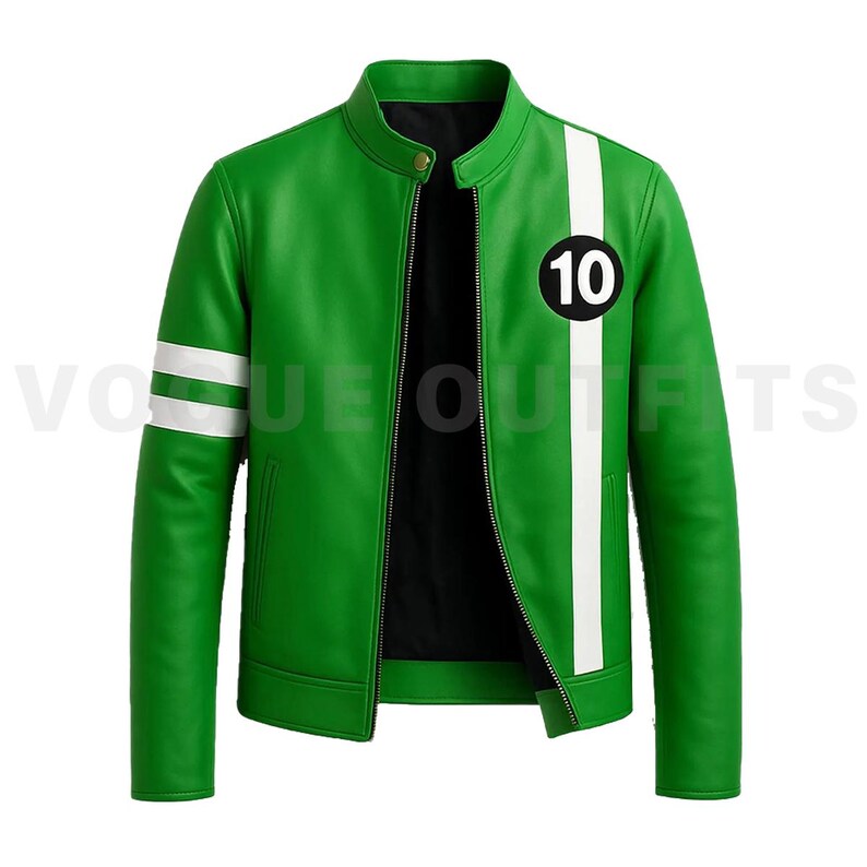 May include: Green jacket with a white stripe down the right side and two white stripes on the left sleeve. The jacket has a black interior and a round patch with the number 10. The jacket has a stand-up collar and a zipper closure.