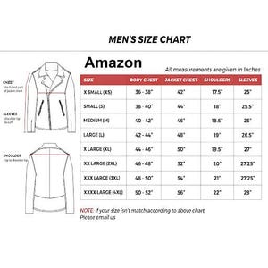 May include: A size chart for a jacket with the text MEN'S SIZE CHART and Amazon. The chart includes columns for size, body chest, jacket chest, shoulders, and sleeves in inches. It features line drawings of a jacket front and back with labels.