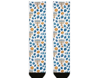 Hanukkah Menorah & Dreidel Pattern Crew Socks | Holiday Socks
