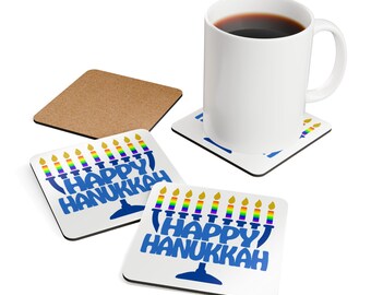 Rainbow Menorah Happy Hanukkah Cork Coaster Set | Hanukkah Coasters