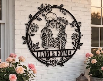 Custom Skeleton Couple Metal Sign, Personalized Skull Name Sign, Skull Couple Wall Art, Gothic Wedding Anniversary Sign, Valentines Gift