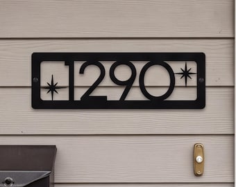 Horizontal Address Sign, Custom Metal Numbers,large house number, black mcm home decor, MCM Starburst Decor