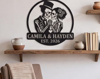 Custom Skeleton Wedding Metal Sign, Gothic Couple Monogram Plaque, Alternative Newlywed Wall Art Decor