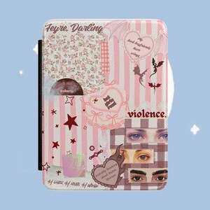 May include: A rectangular e-reader case featuring a collage design with pink and white vertical stripes, floral patterns, and various text elements including Feyre, Darling, violence, and My book boyfriends have wings, alongside star and eye graphics.