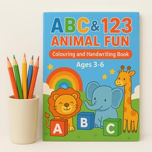 May include: A children's activity book titled "ABC & 123 ANIMAL FUN" with a blue cover, featuring a rainbow, stars, and cartoon animals. A beige cup holds colorful pencils. The book is for ages 3-6.