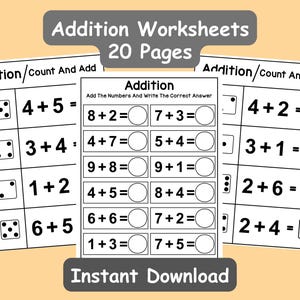 Puede incluir: Hojas de trabajo de suma educativas con ilustraciones de dados y problemas de matemáticas. El texto "Addition Worksheets 20 Pages" y "Instant Download" está incluido. Los problemas están diseñados para ayudar a los niños a aprender a sumar.