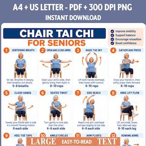 Chair Tai Chi for Seniors Printable | 16 Gentle Seated Tai Chi Exercises | Balance & Mobility | Low Impact Exercise Chart