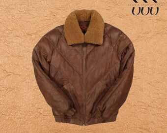 Men’s V-Bomber  Brown Leather Jacket | Premium Shearling Style Bomber | Vintage Aviator Winter Coat