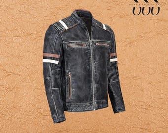 Men’s Vintage Distressed Genuine Leather Biker Jacket | Waxed Motorcycle Café Racer Jacket | Classic Retro Style Gift for Him