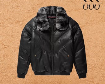 Men’s V Bomber Quilted Puffer Jacket | Black Real Leather Winter Coat | Faux Fur Collar | Warm Casual Leather Jacket