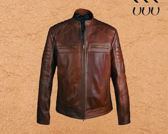 Men’s Distressed Brown Leather Cafe Racer Jacket | Vintage Motorcycle Style | Real Leather Biker Jacket | Handmade Men’s Outerwear