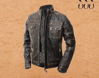 Men’s Distressed Brown Leather Biker Jacket | Handmade Motorcycle Racing Coat | Vintage Cafe Racer Premium Outerwear